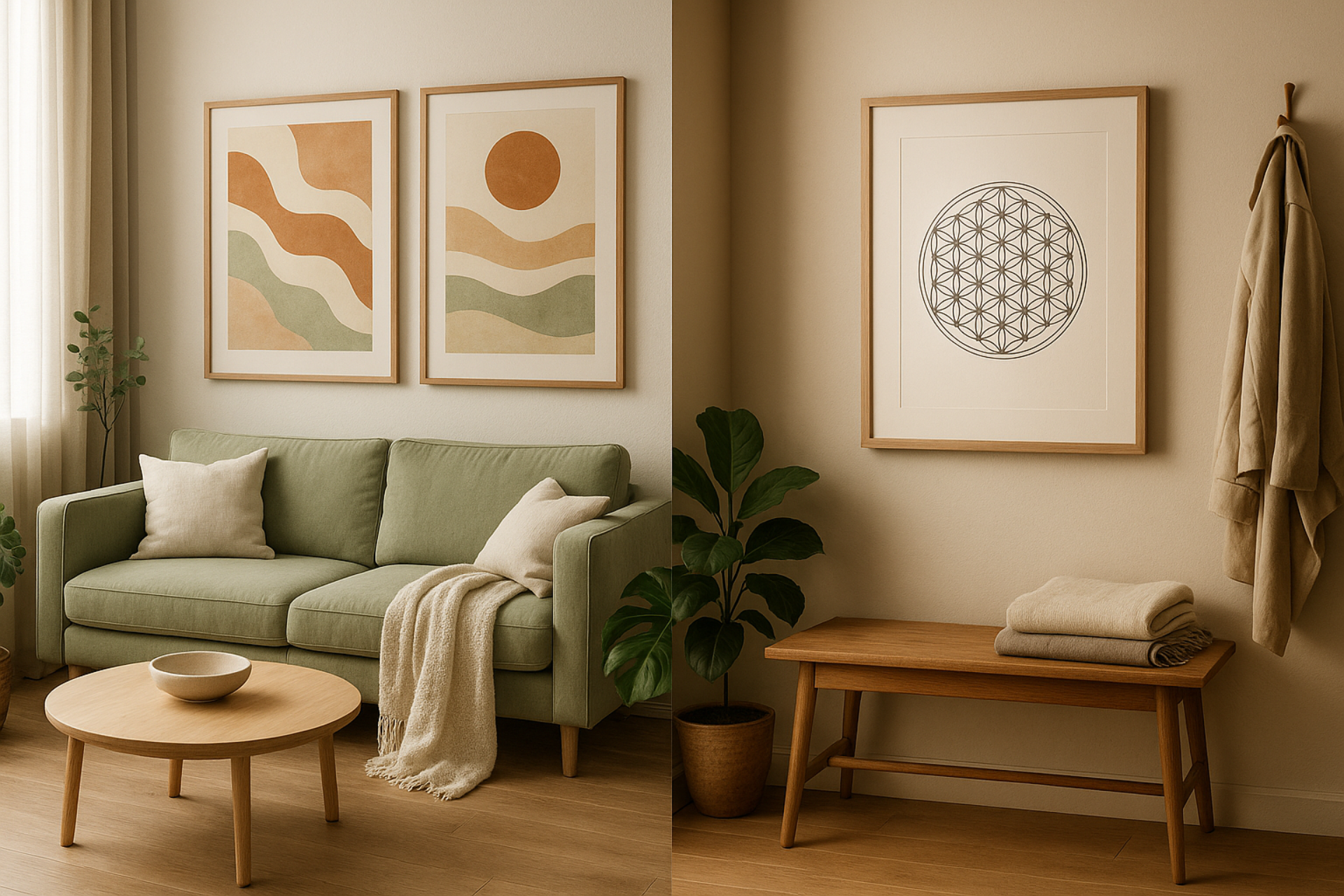 Minimalist living room with abstract and cultural framed prints on the wall. Earthy color palette with cozy furniture and calming interior style.