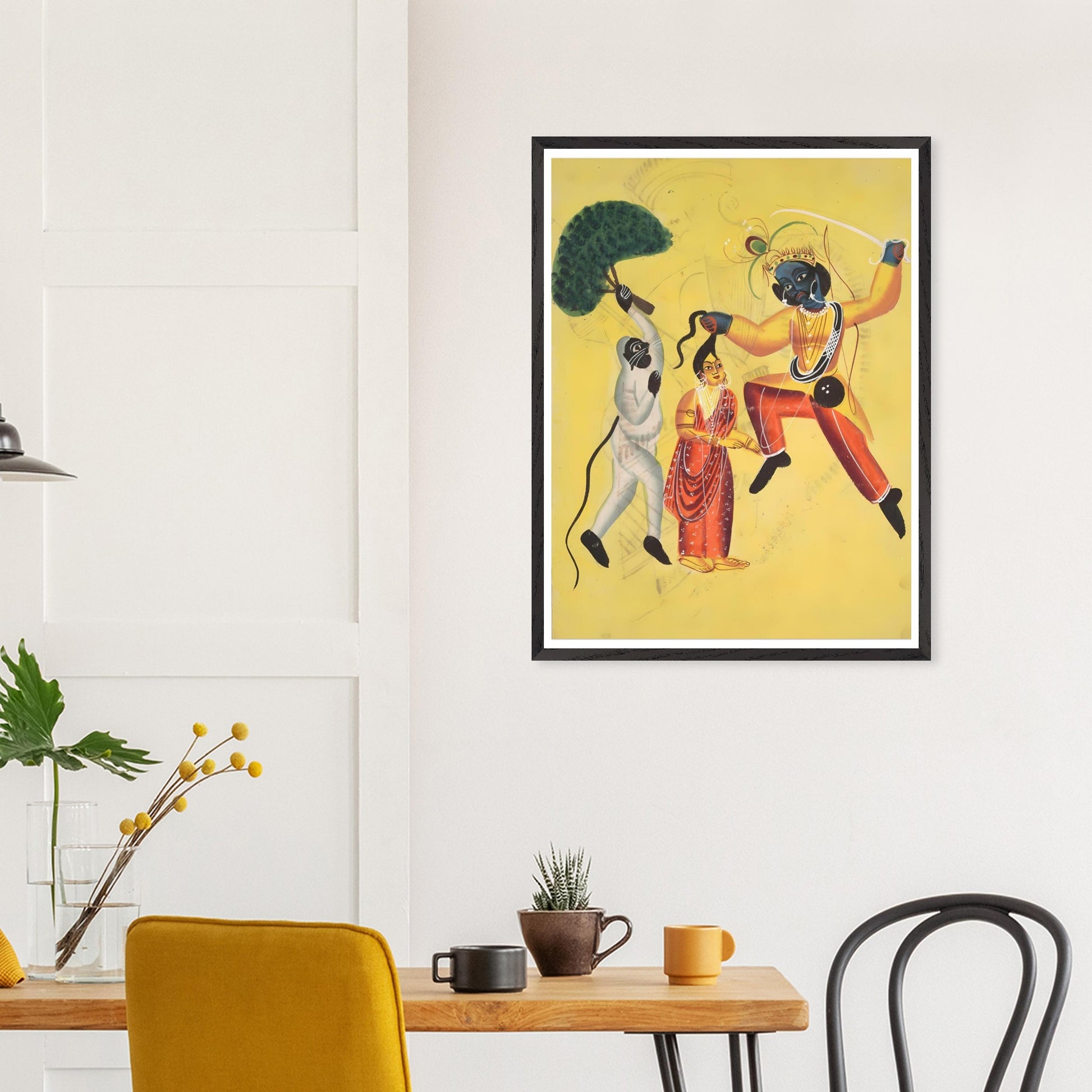 Framed Kalighat painting of Rama and Hanuman rescuing Sita, Hindu mythology wall art print