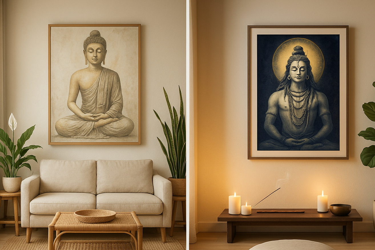 Framed wall art of Lord Shiva and Buddha in a modern home interior. Spiritual art prints displayed above a beige sofa with indoor plants. Sacred home decor.
