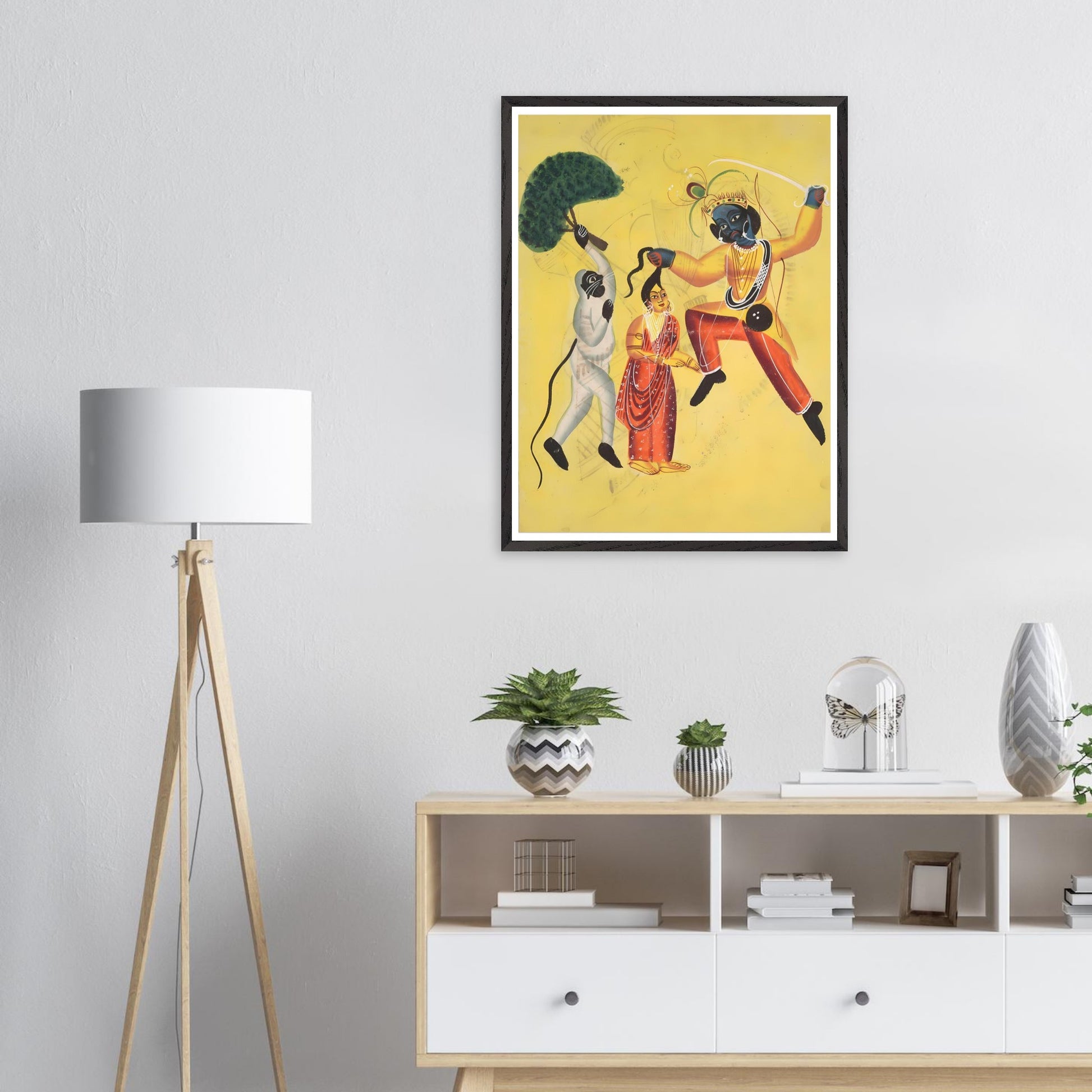 Framed Kalighat painting of Rama and Hanuman rescuing Sita, Hindu mythology wall art print