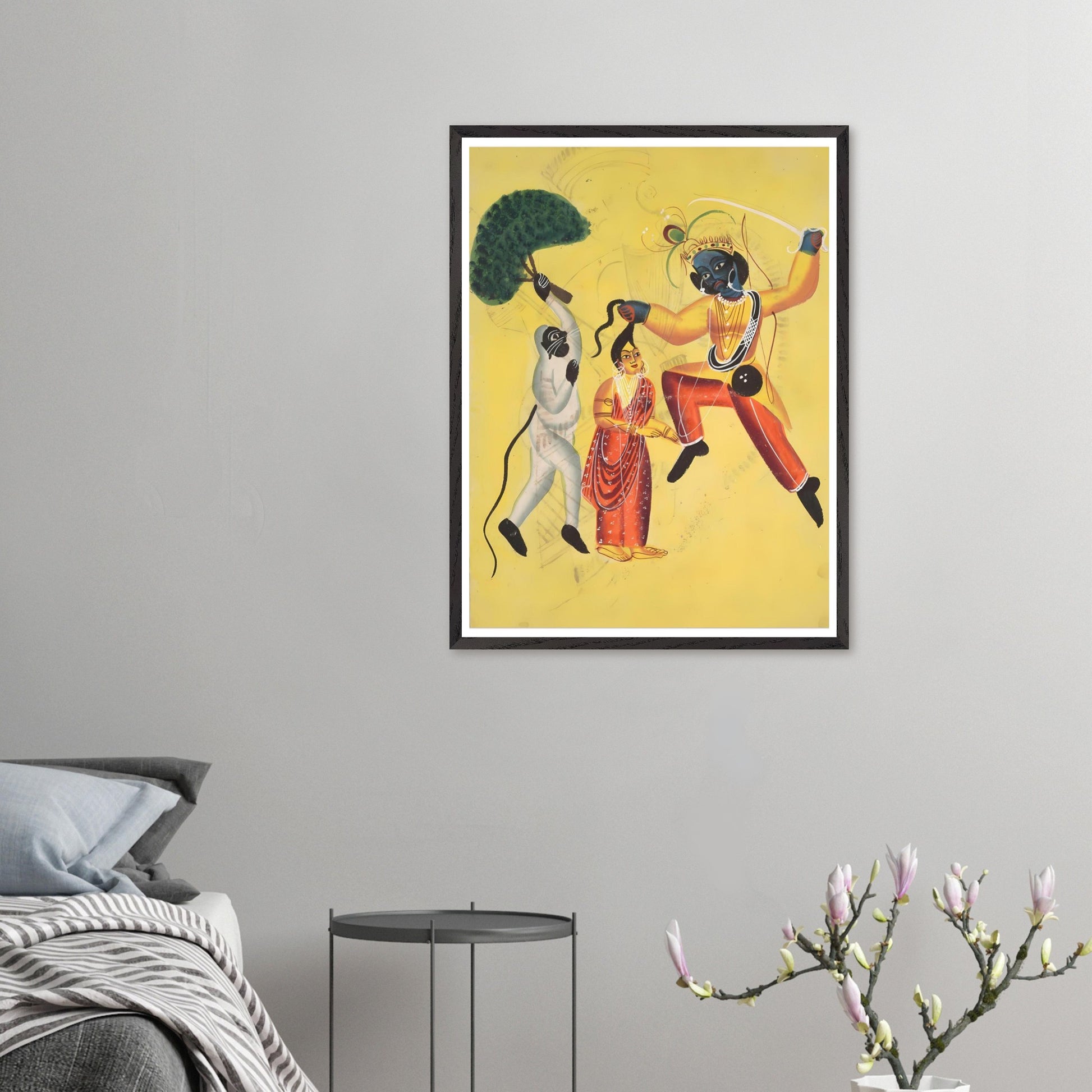 Rama and Hanuman Kalighat art print displayed above sofa, spiritual Indian wall decor