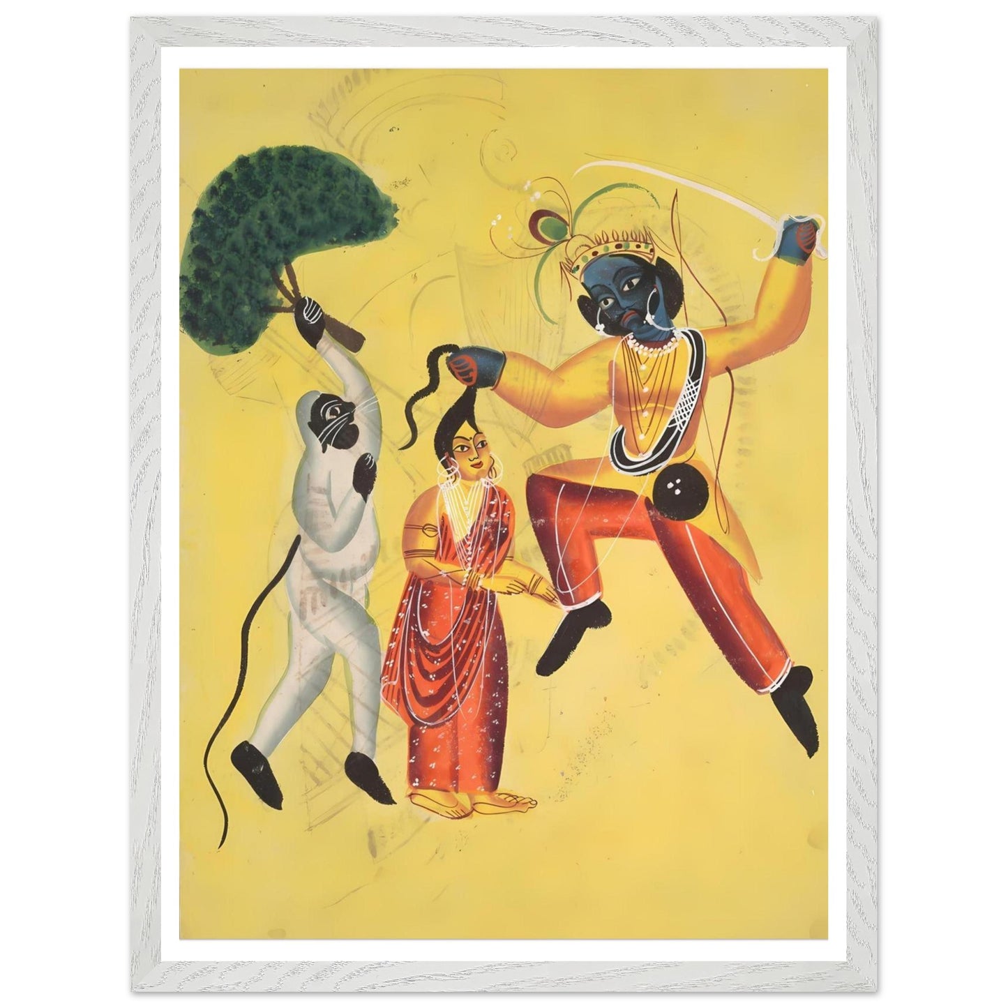 Framed Kalighat painting of Rama and Hanuman rescuing Sita, Hindu mythology wall art print