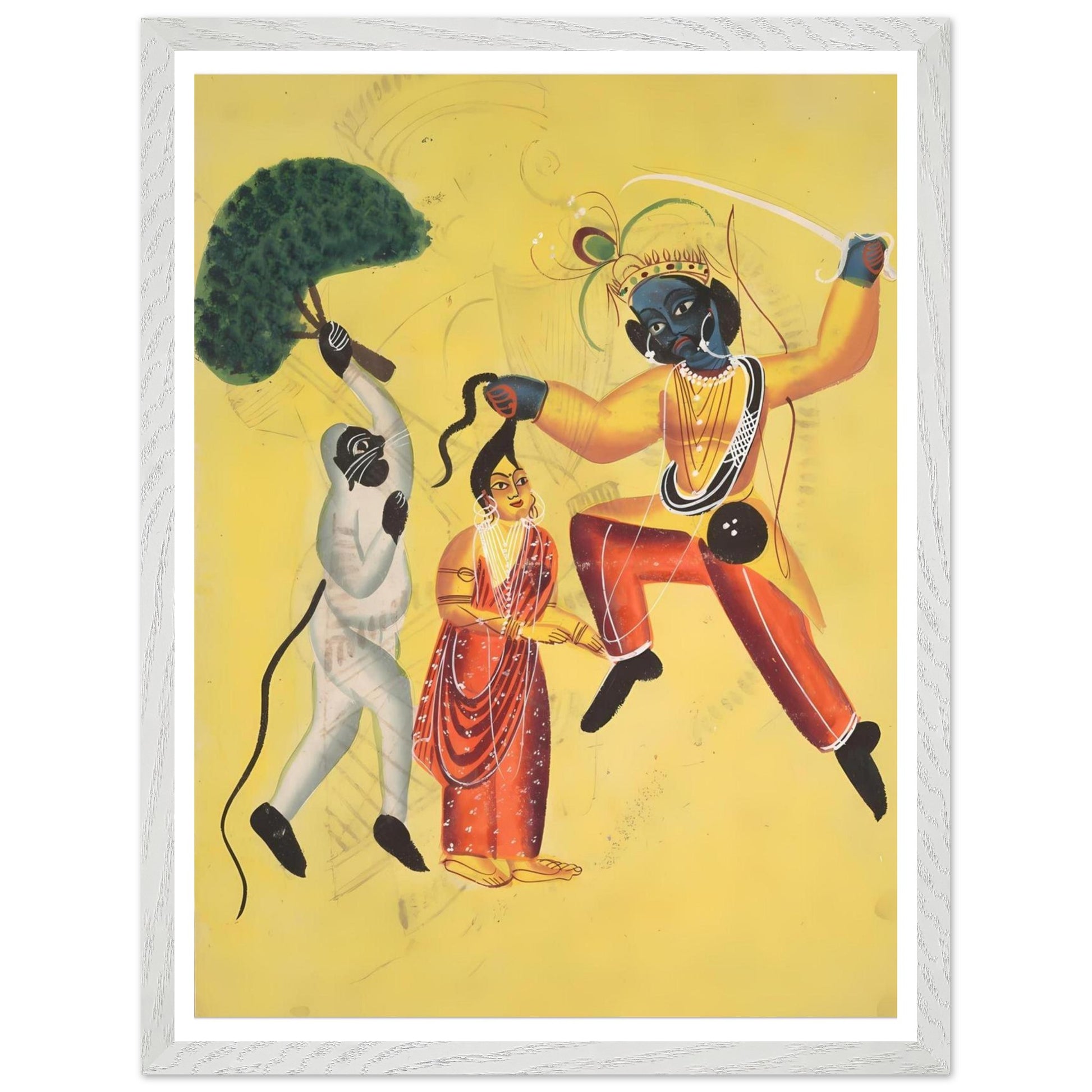Framed Kalighat painting of Rama and Hanuman rescuing Sita, Hindu mythology wall art print