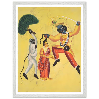 Framed Kalighat painting of Rama and Hanuman rescuing Sita, Hindu mythology wall art print