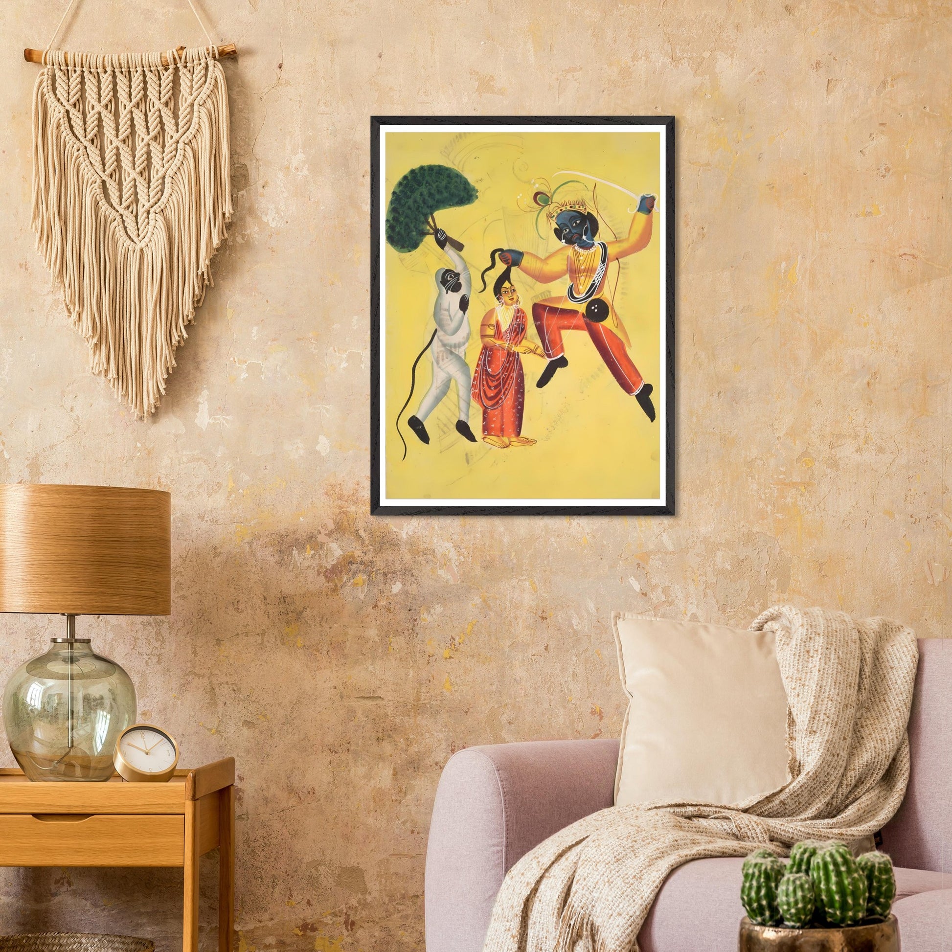 Rama and Hanuman Kalighat art print displayed above sofa, spiritual Indian wall decor