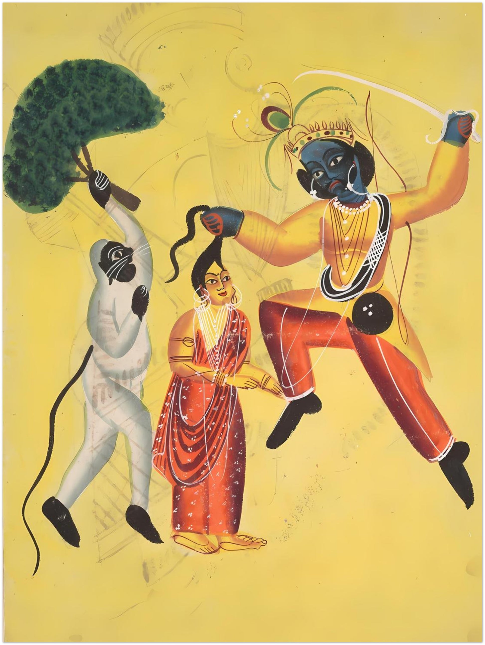 Unframed Kalighat art print of Rama and Hanuman rescuing Sita, Indian mythology wall decor