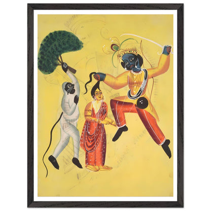 Framed Kalighat painting of Rama and Hanuman rescuing Sita, Hindu mythology wall art print