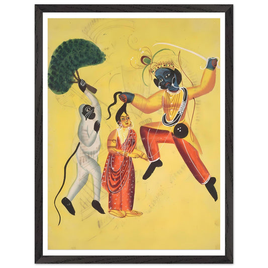 Framed Kalighat painting of Rama and Hanuman rescuing Sita, Hindu mythology wall art print