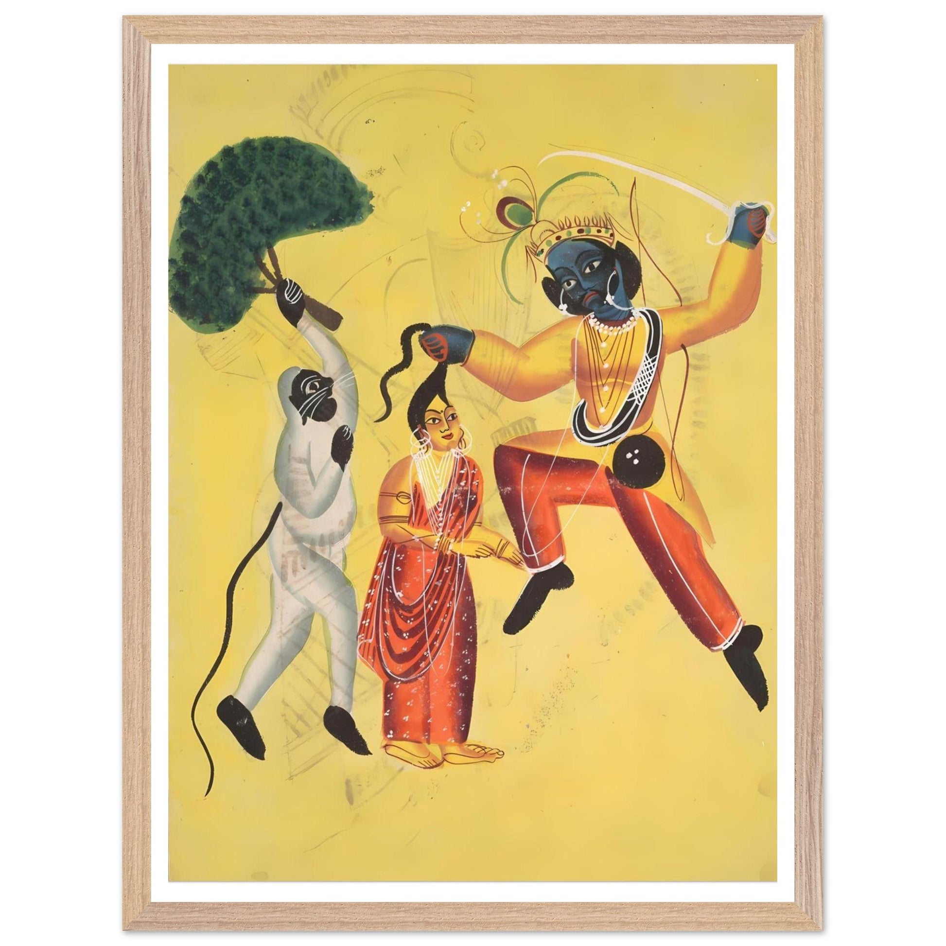 Framed Kalighat painting of Rama and Hanuman rescuing Sita, Hindu mythology wall art print